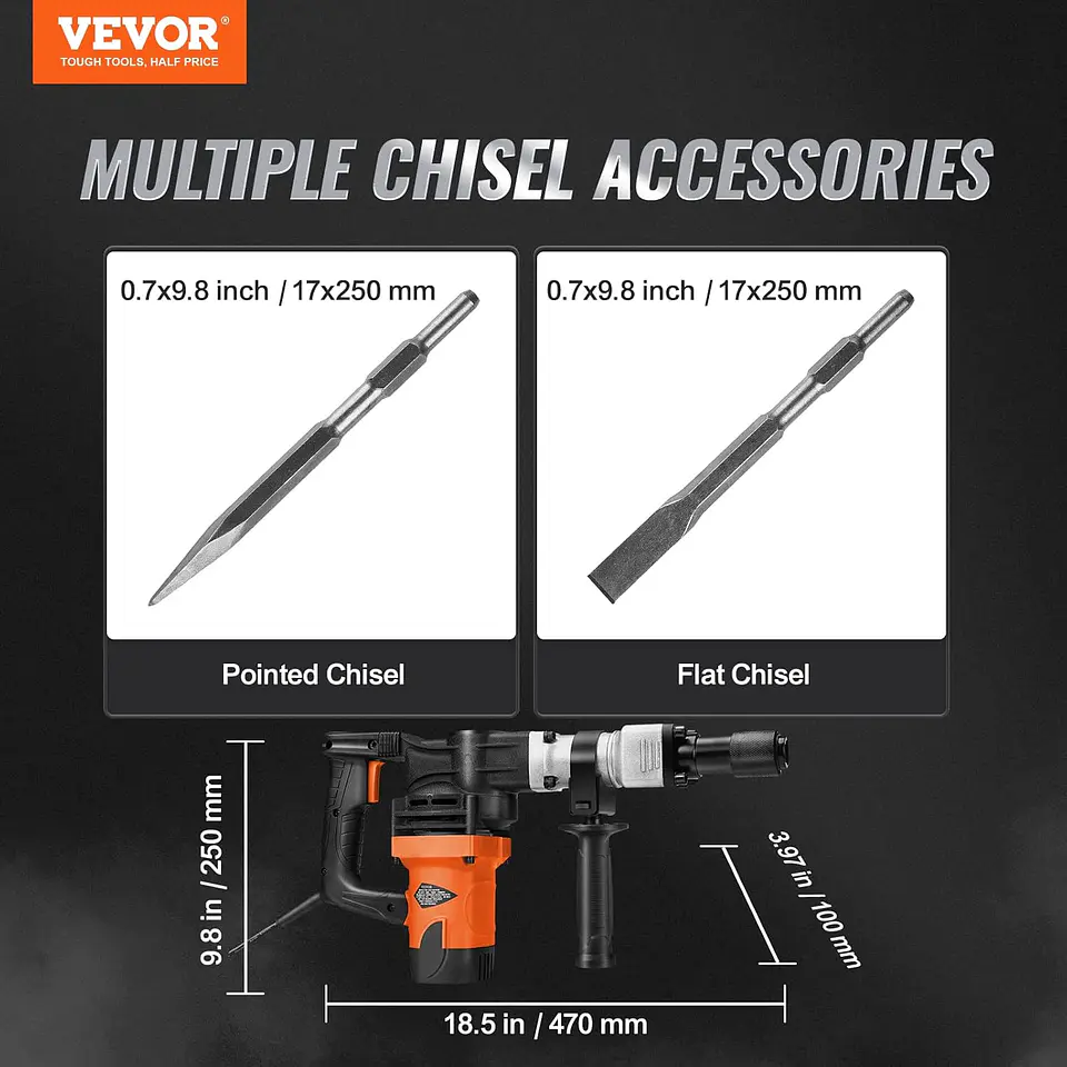 VEVOR Martillo de demolición eléctrico de 1,400 W, resistente, de 2,900 BPM, para romper hormigón, 2 brocas de cincel para astillar con funda y guantes 9