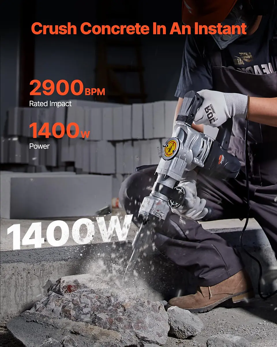 VEVOR Martillo de demolición eléctrico de 1,400 W, resistente, de 2,900 BPM, para romper hormigón, 2 brocas de cincel para astillar con funda y guantes 12