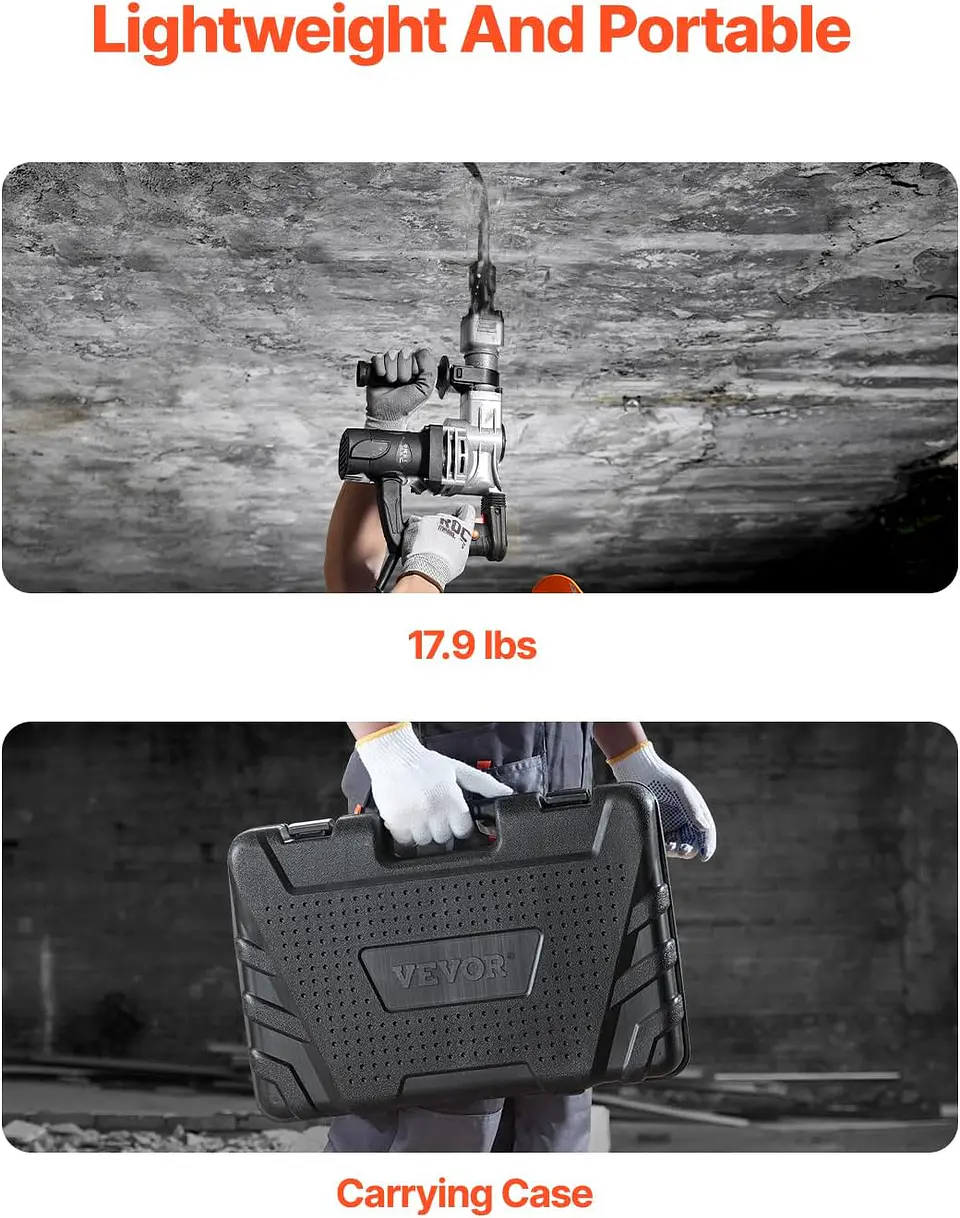 VEVOR Martillo de demolición eléctrico de 1,400 W, resistente, de 2,900 BPM, para romper hormigón, 2 brocas de cincel para astillar con funda y guantes 13