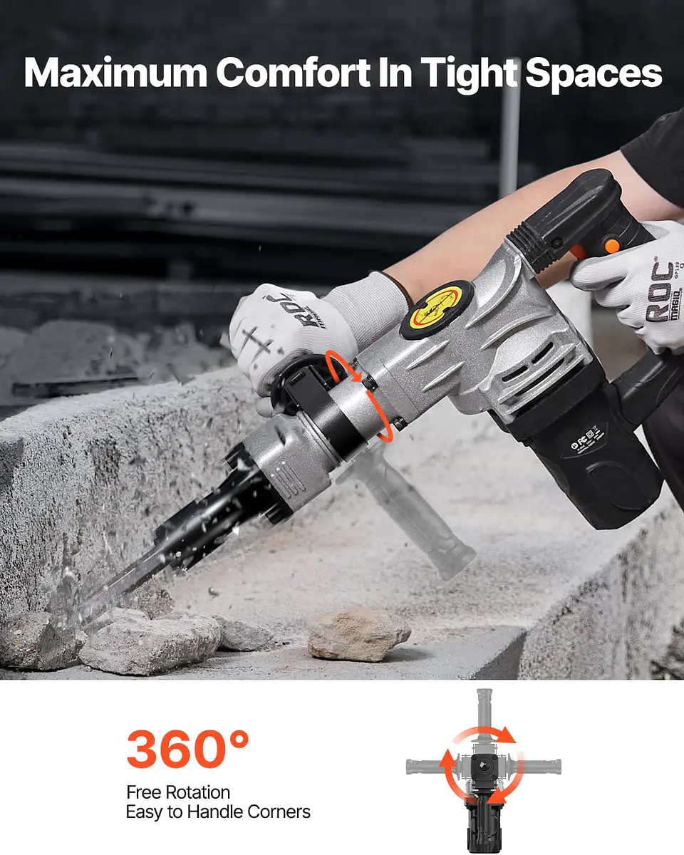 VEVOR Martillo de demolición eléctrico de 1,400 W, resistente, de 2,900 BPM, para romper hormigón, 2 brocas de cincel para astillar con funda y guantes 16