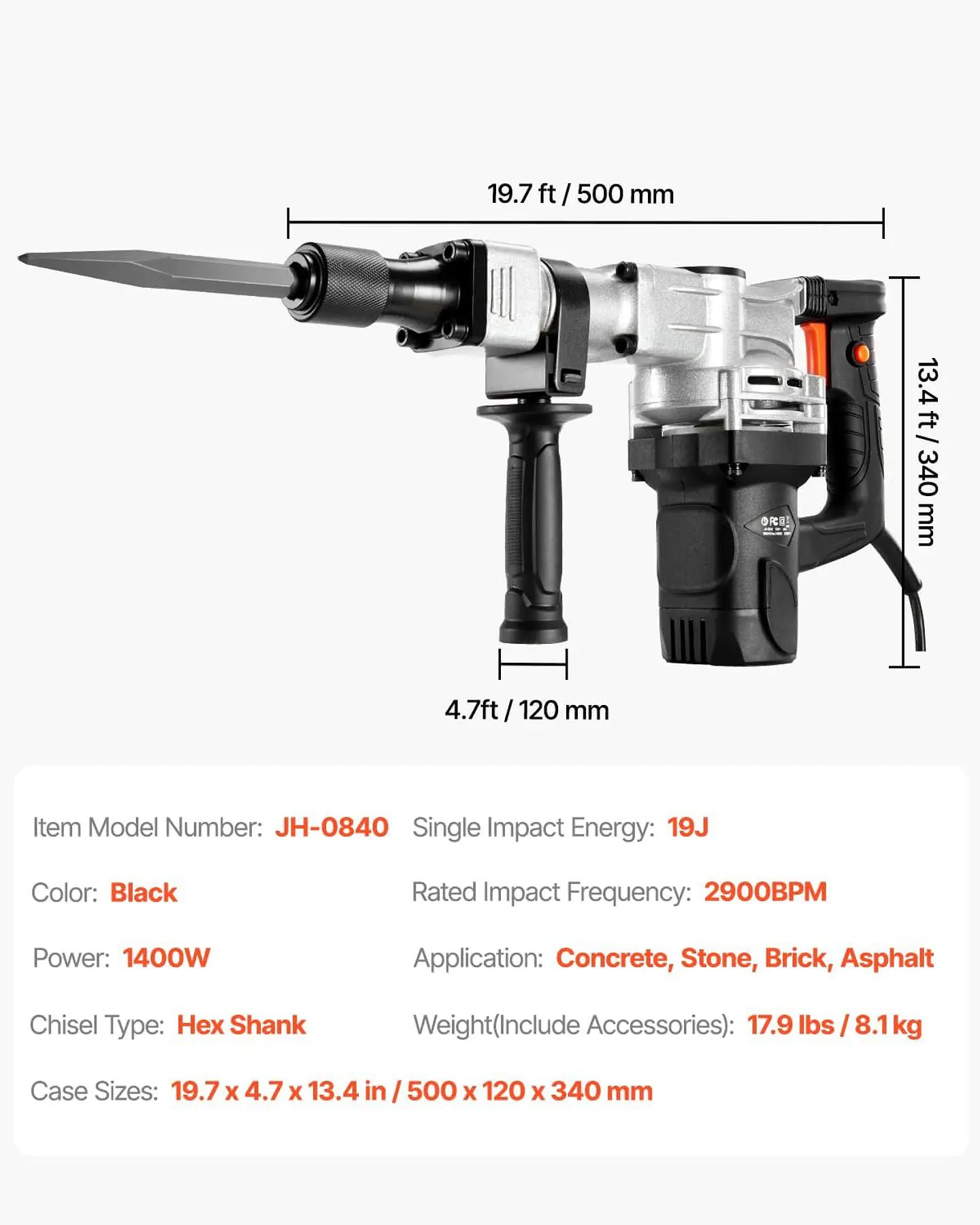 VEVOR Martillo de demolición eléctrico de 1,400 W, resistente, de 2,900 BPM, para romper hormigón, 2 brocas de cincel para astillar con funda y guantes 17