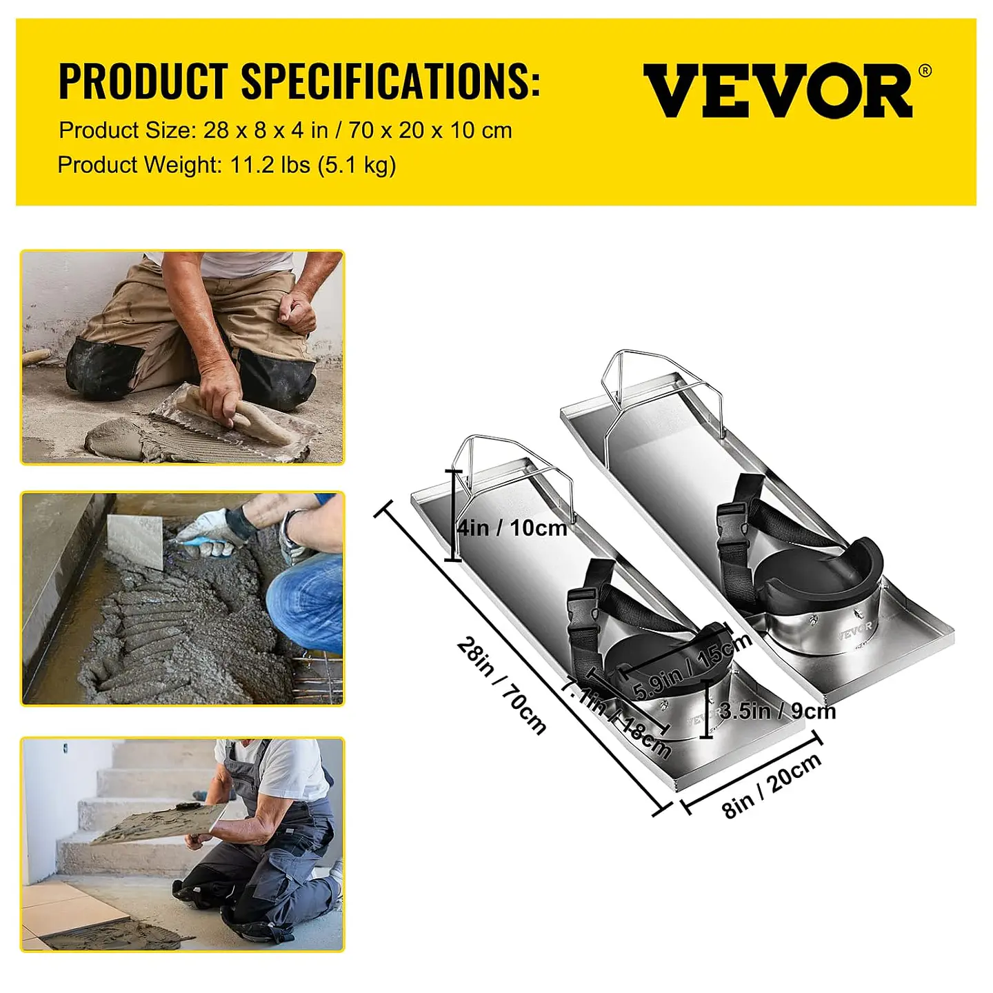 VEVOR Rodilleras de hormigón deslizante de 28 x 8 pulgadas, de acero inoxidable, par de deslizadores móviles con rodilleras de hormigón y correas para tablero para acabado de concr... 10