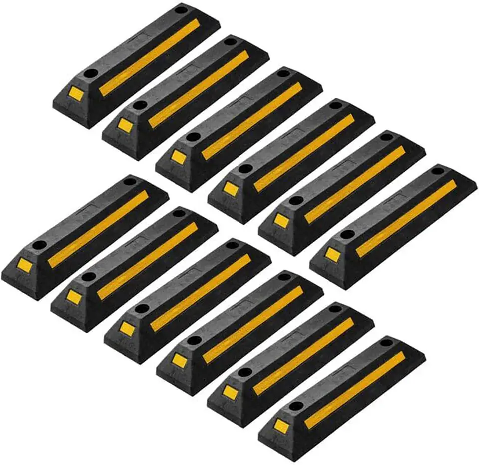 ZONETECH Guía de aparcamiento de goma resistente, 4 piezas de tope de rueda de garaje duradero de calidad premium para estacionamiento de grado profesional con cinta amarilla refle... 4