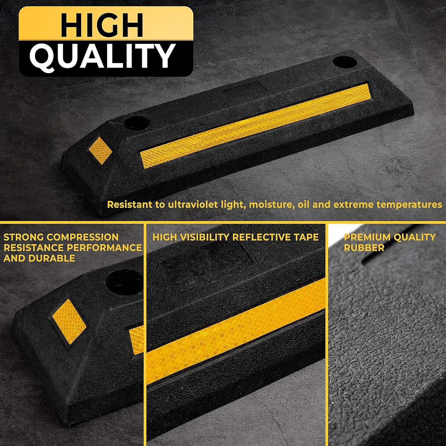 ZONETECH Guía de aparcamiento de goma resistente, 4 piezas de tope de rueda de garaje duradero de calidad premium para estacionamiento de grado profesional con cinta amarilla refle... 6