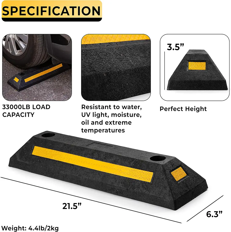 ZONETECH Guía de aparcamiento de goma resistente, 4 piezas de tope de rueda de garaje duradero de calidad premium para estacionamiento de grado profesional con cinta amarilla refle... 7