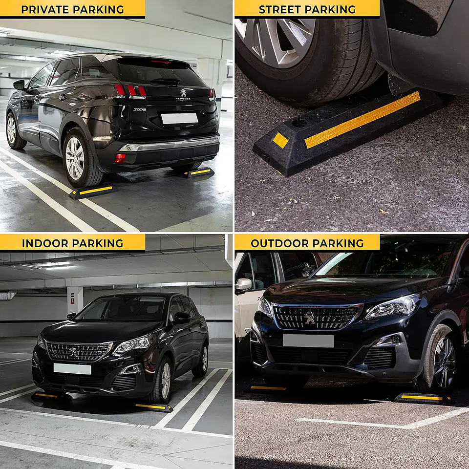 ZONETECH Guía de aparcamiento de goma resistente, 4 piezas de tope de rueda de garaje duradero de calidad premium para estacionamiento de grado profesional con cinta amarilla refle... 8