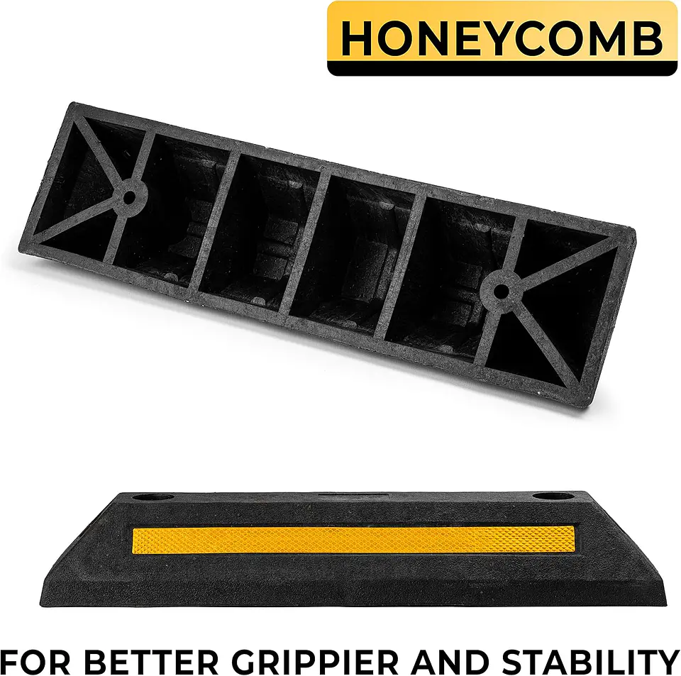 ZONETECH Guía de aparcamiento de goma resistente, 4 piezas de tope de rueda de garaje duradero de calidad premium para estacionamiento de grado profesional con cinta amarilla refle... 11