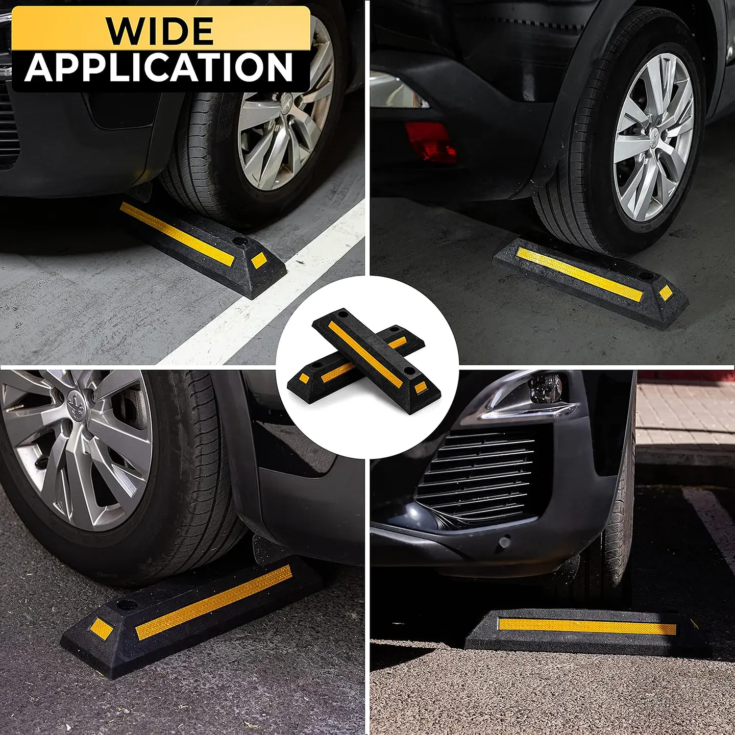 ZONETECH Guía de aparcamiento de goma resistente, 4 piezas de tope de rueda de garaje duradero de calidad premium para estacionamiento de grado profesional con cinta amarilla refle... 13