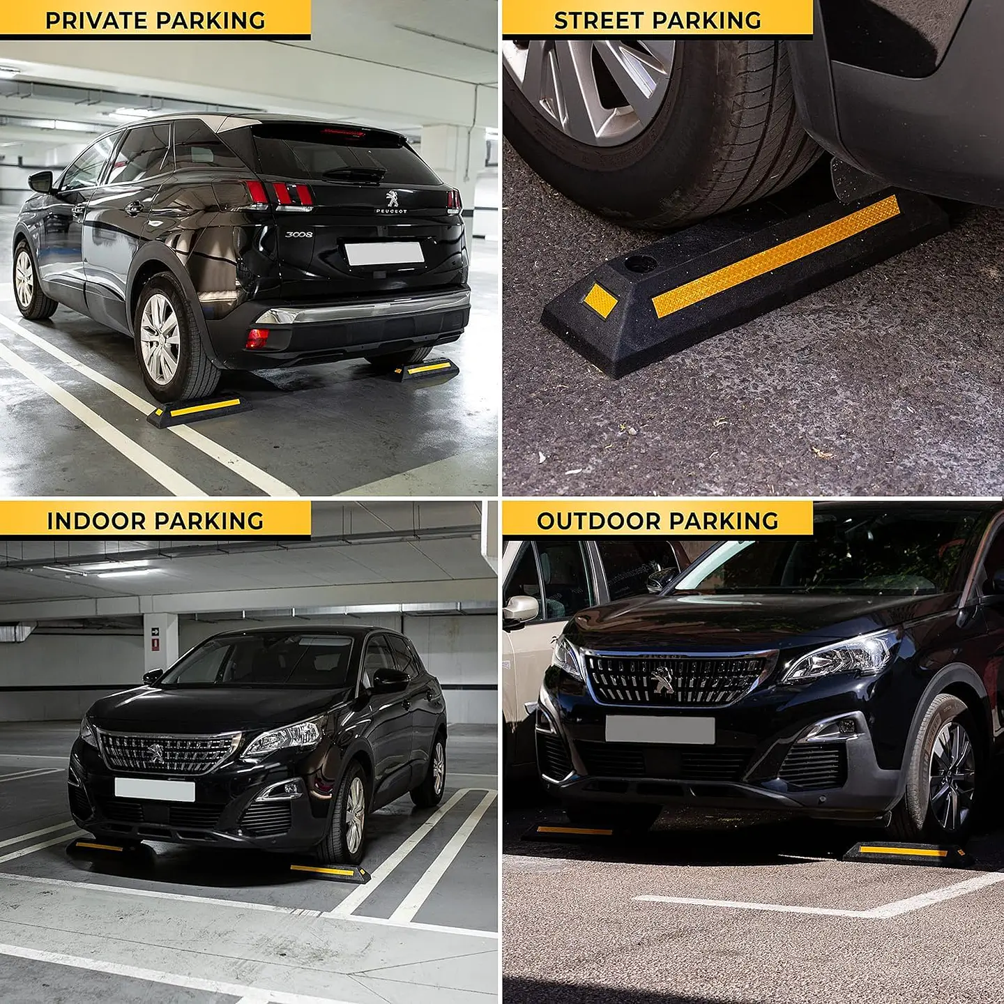 ZONETECH Guía de aparcamiento de goma resistente, 4 piezas de tope de rueda de garaje duradero de calidad premium para estacionamiento de grado profesional con cinta amarilla refle... 19