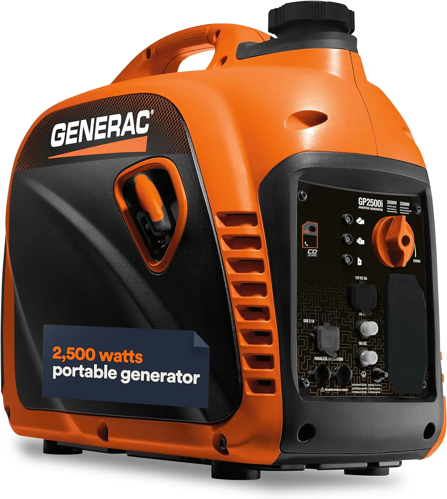 Generac 8251 GP2500i - Generador inversor portátil a gas de 2,500 vatios - Diseño compacto y ligero - Produce energía limpia y estable - Tecnología COsense 2