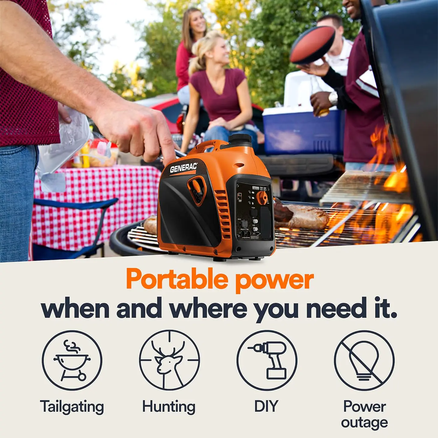Generac 8251 GP2500i - Generador inversor portátil a gas de 2,500 vatios - Diseño compacto y ligero - Produce energía limpia y estable - Tecnología COsense 18