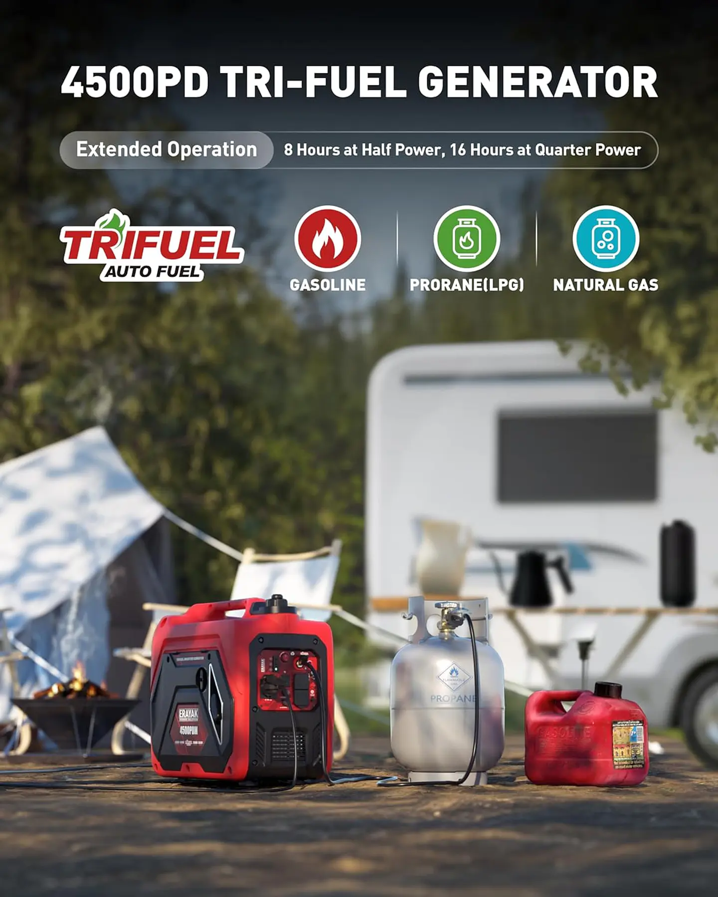 ERAYAK Generador inversor portátil de 4500 W de triple combustible para uso doméstico, para acampar al aire libre, respaldo de energía de emergencia al aire libre, interruptor de t... 2
