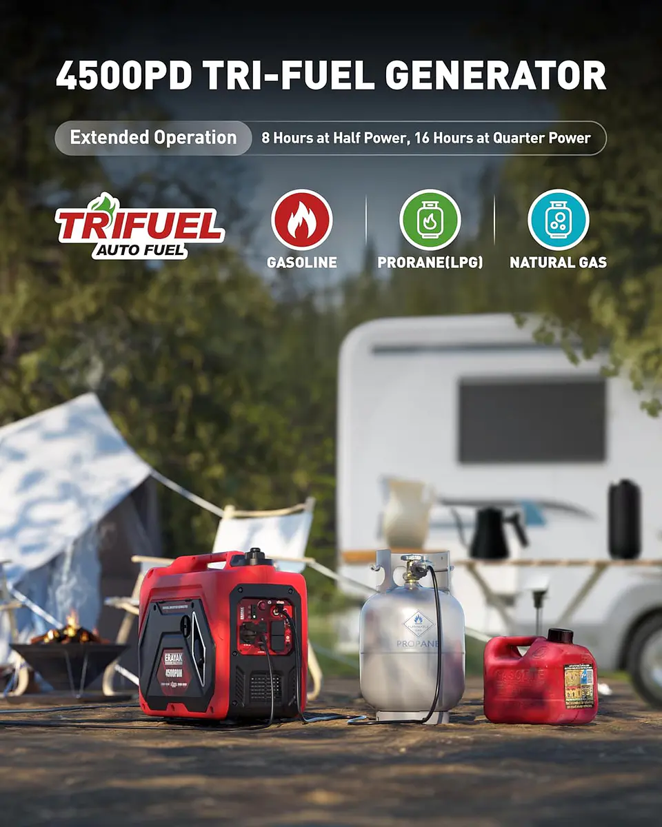 ERAYAK Generador inversor portátil de 4500 W de triple combustible para uso doméstico, para acampar al aire libre, respaldo de energía de emergencia al aire libre, interruptor de t... 2