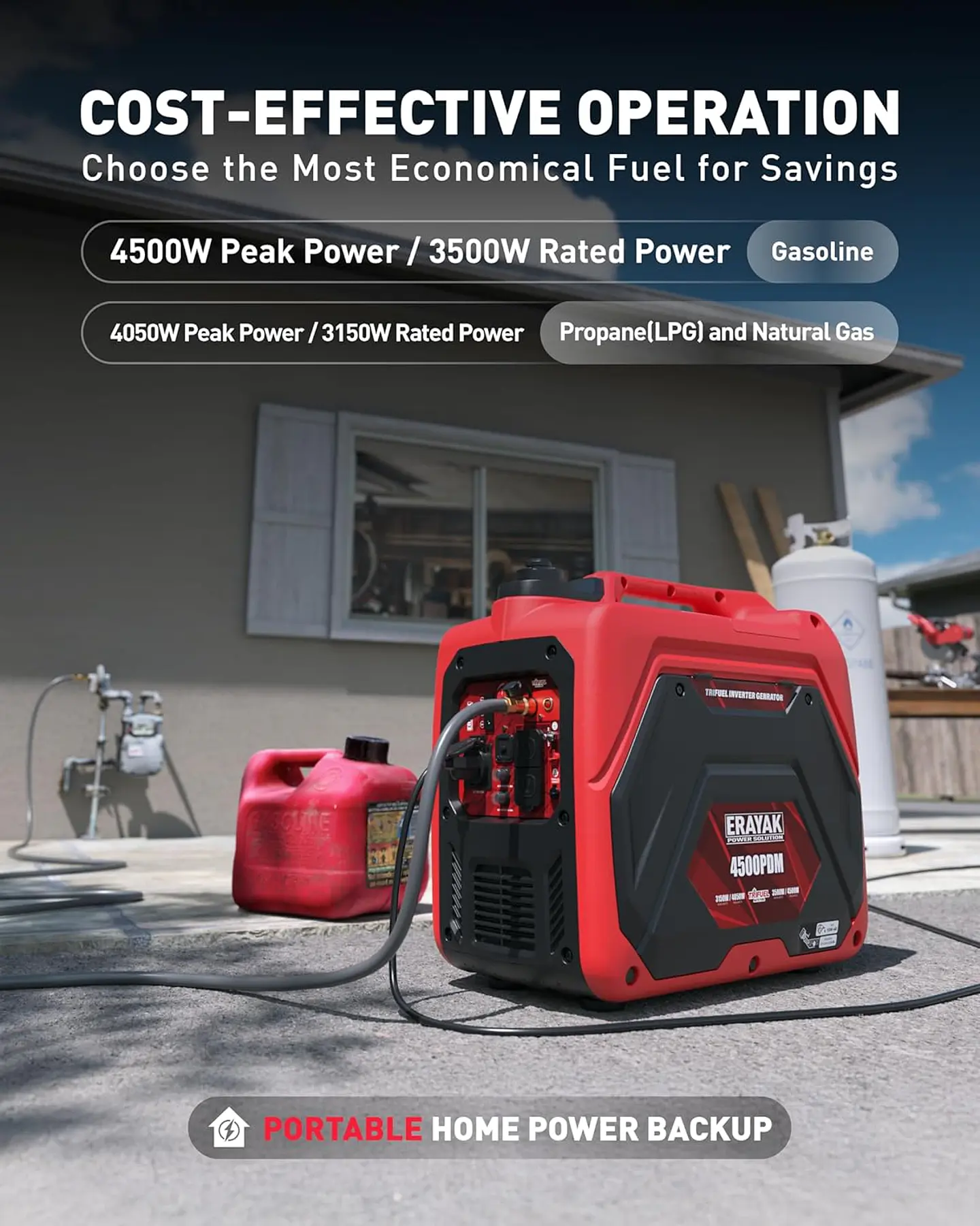 ERAYAK Generador inversor portátil de 4500 W de triple combustible para uso doméstico, para acampar al aire libre, respaldo de energía de emergencia al aire libre, interruptor de t... 4
