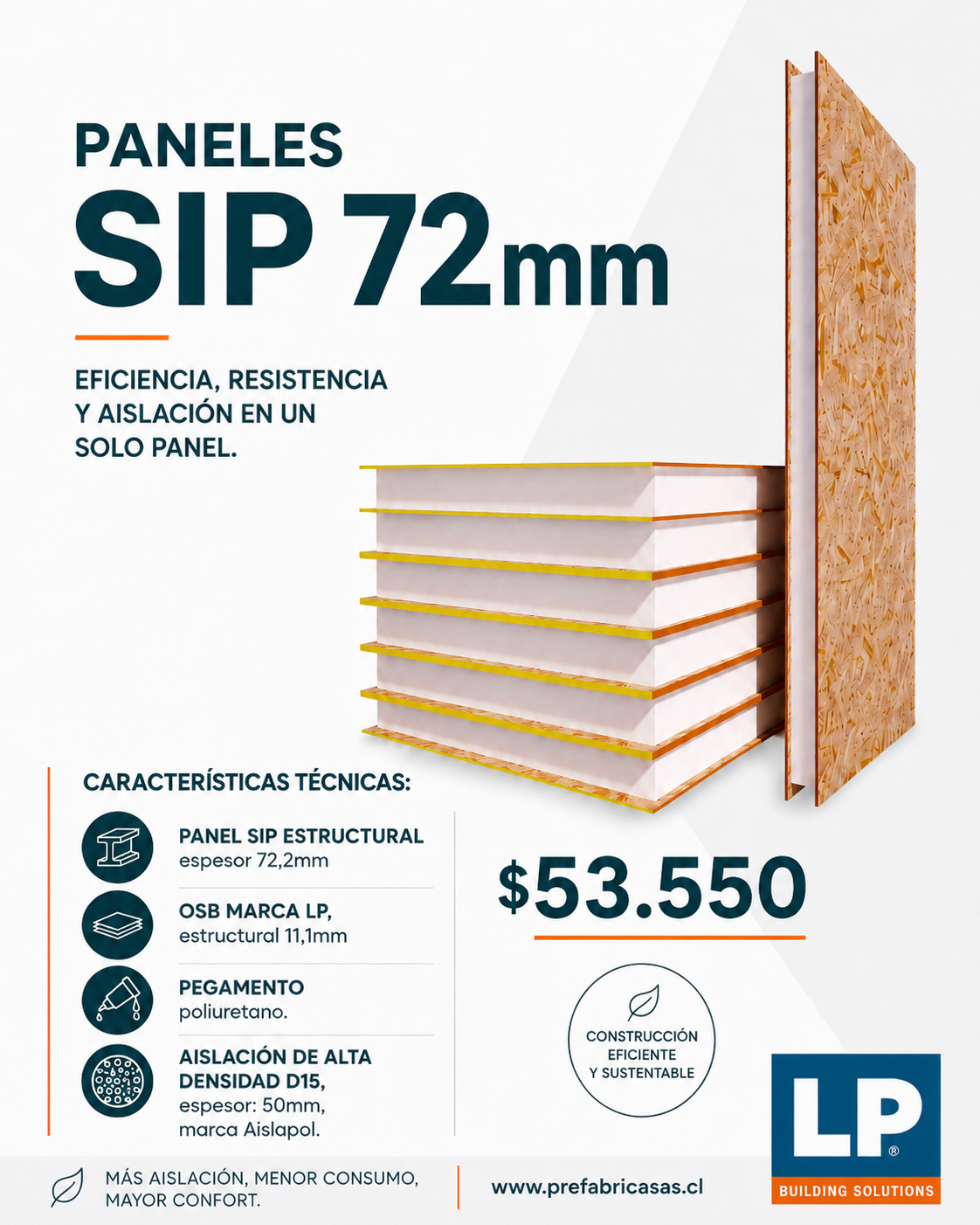 PANEL SIP 72mm, OSB 11,1mm, Aislación 50mm/2"