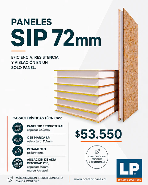 PANEL SIP 72mm, OSB 11,1mm, Aislación 50mm/2"