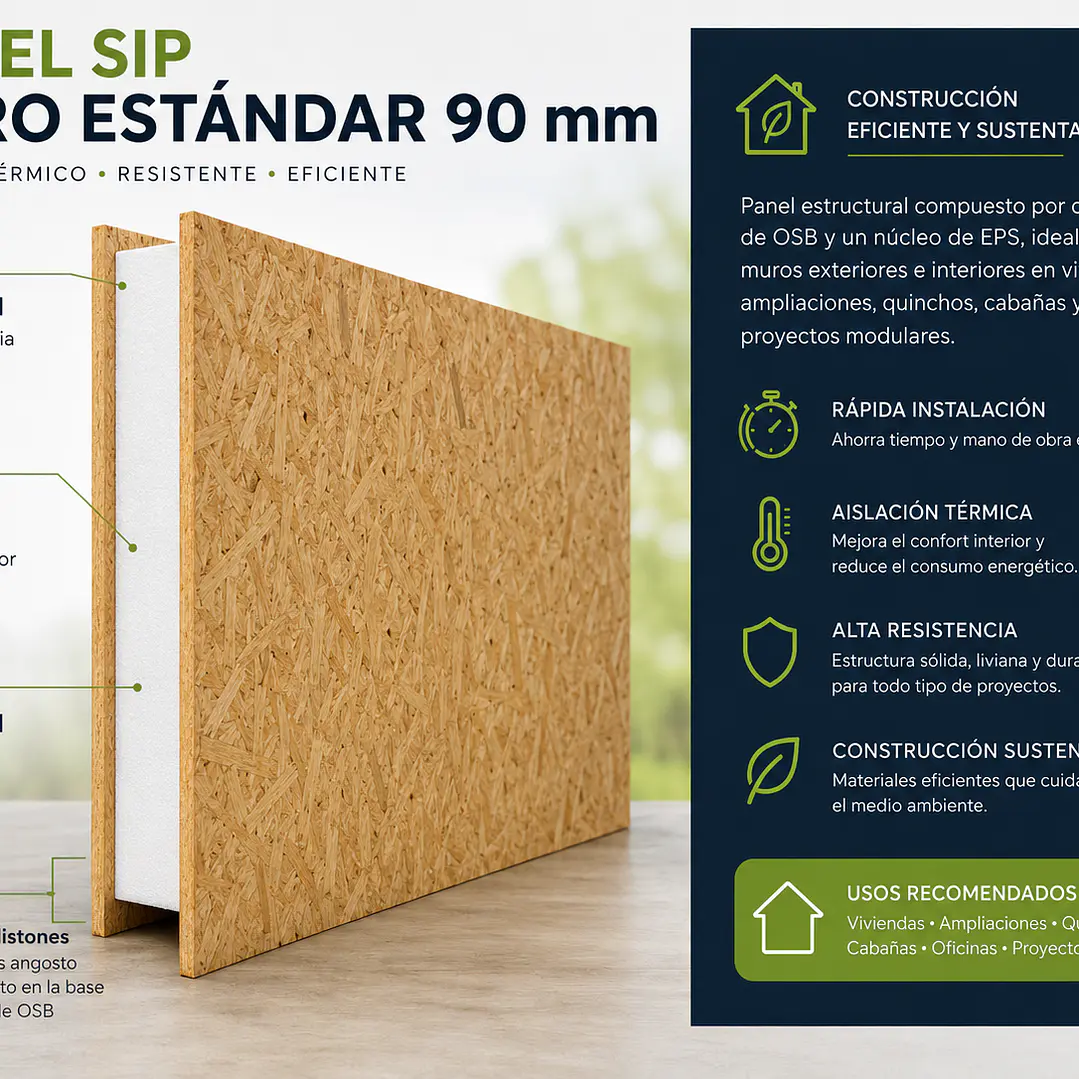 Panel SIP Muro Estándar 90 mm. OSB 11,1. Aislación 75mm.  1