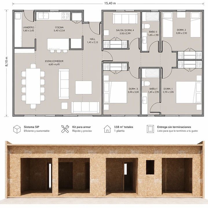 Prefabricasa 118 — Kit de paneles SIP para armar 118m²- 4D + 2B 2