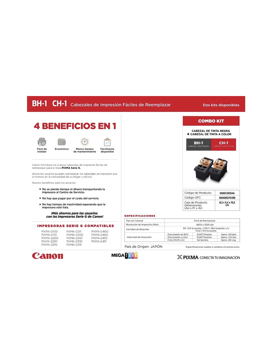 Cabezales Canon BH-1 Negro / CH-1 Color para G1100 G3100 G4100 3