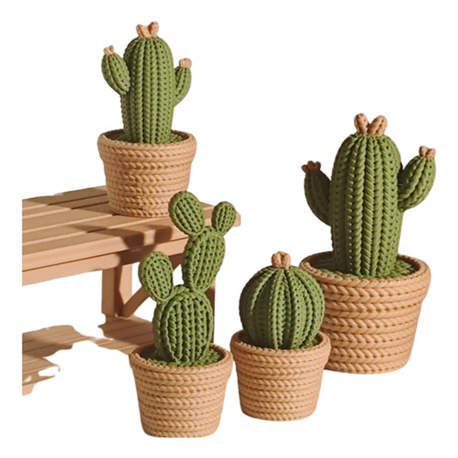 Pack 2 Cactus Adorno - Efecto Tejido Verde