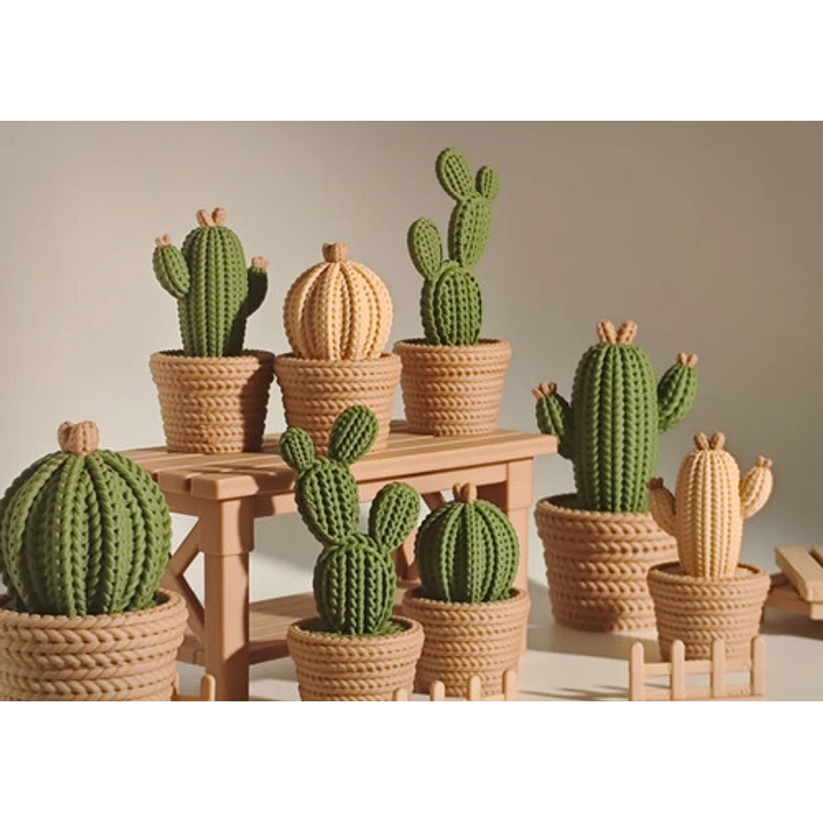 Pack 2 Cactus Adorno - Efecto Tejido Verde