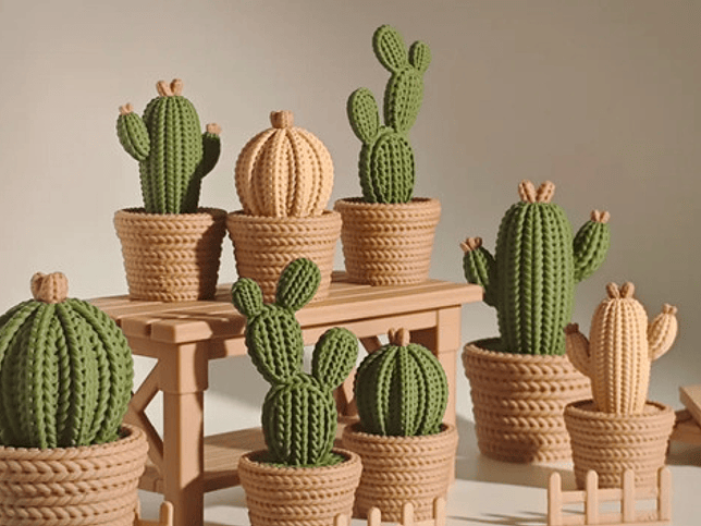 Pack 2 Cactus Adorno - Efecto Tejido Verde 2