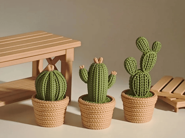 Pack 2 Cactus Adorno - Efecto Tejido Verde 3