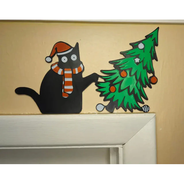 Adorno Esquinero De Puerta - Gato Negro Vs Árbol De Navidad
