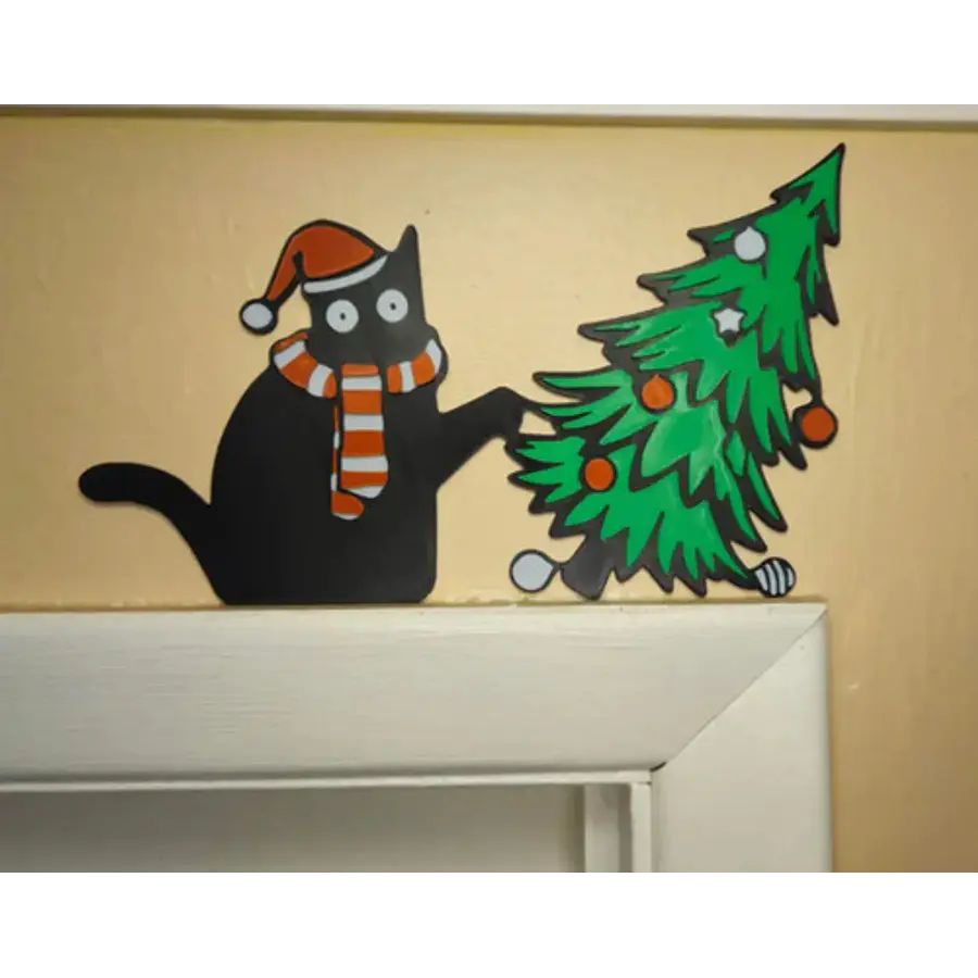 Adorno Esquinero De Puerta - Gato Negro Vs Árbol De Navidad
