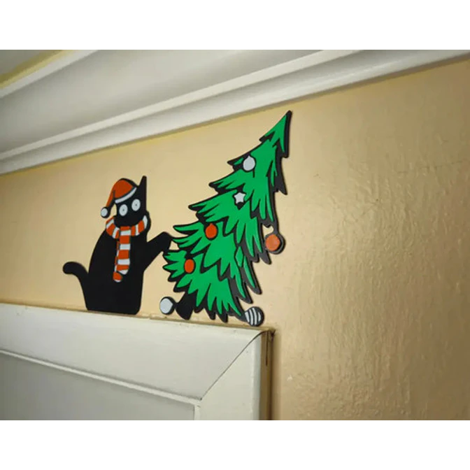 Adorno Esquinero De Puerta - Gato Negro Vs Árbol De Navidad 3