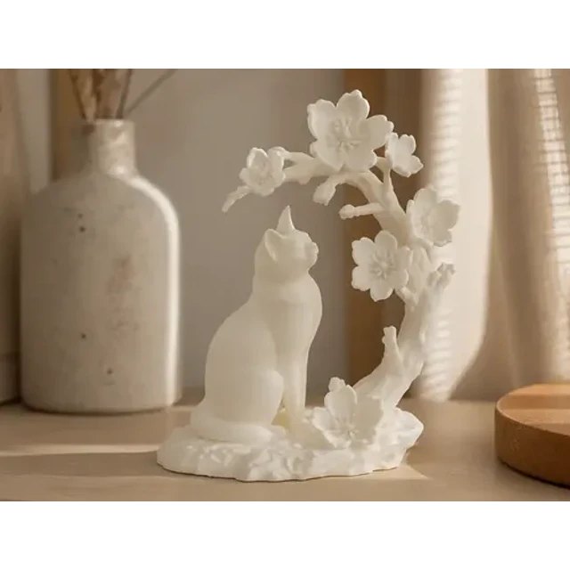Escultura Decorativa Prints Patro- Gato Con Flores De Cerezo
