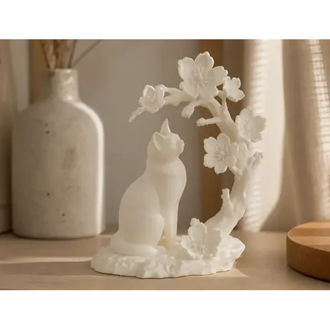 Escultura Decorativa Prints Patro- Gato Con Flores De Cerezo 2