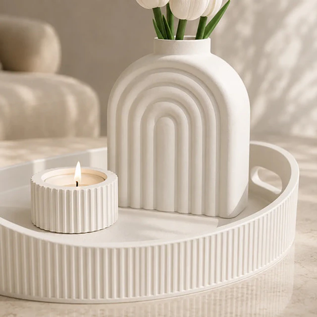 Set Decorativo Moderno Negro Florero Portavela Y Bandeja