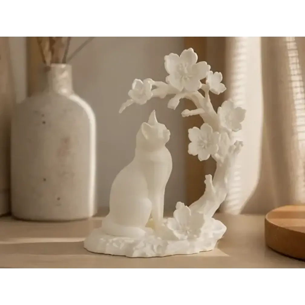 Escultura Decorativa Prints Patro- Gato Con Flores De Cerezo 2