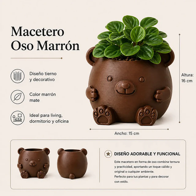 Macetero Decorativo Hogar- Forma Osito 16 Cm