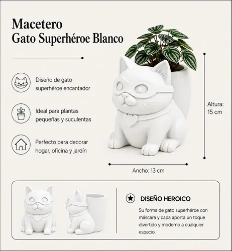 Macetero Decorativo Hogar- Gatito Héroe 15 Cm - Foto 2