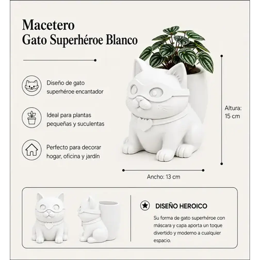 Macetero Decorativo Hogar- Gatito Héroe 15 Cm 2
