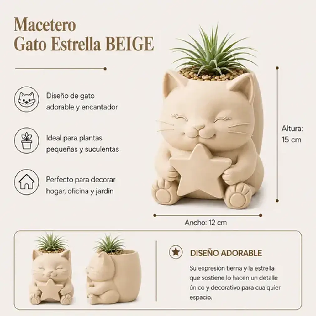 Macetero Decorativo Hogar- Gatito Estrella 15 Cm 2