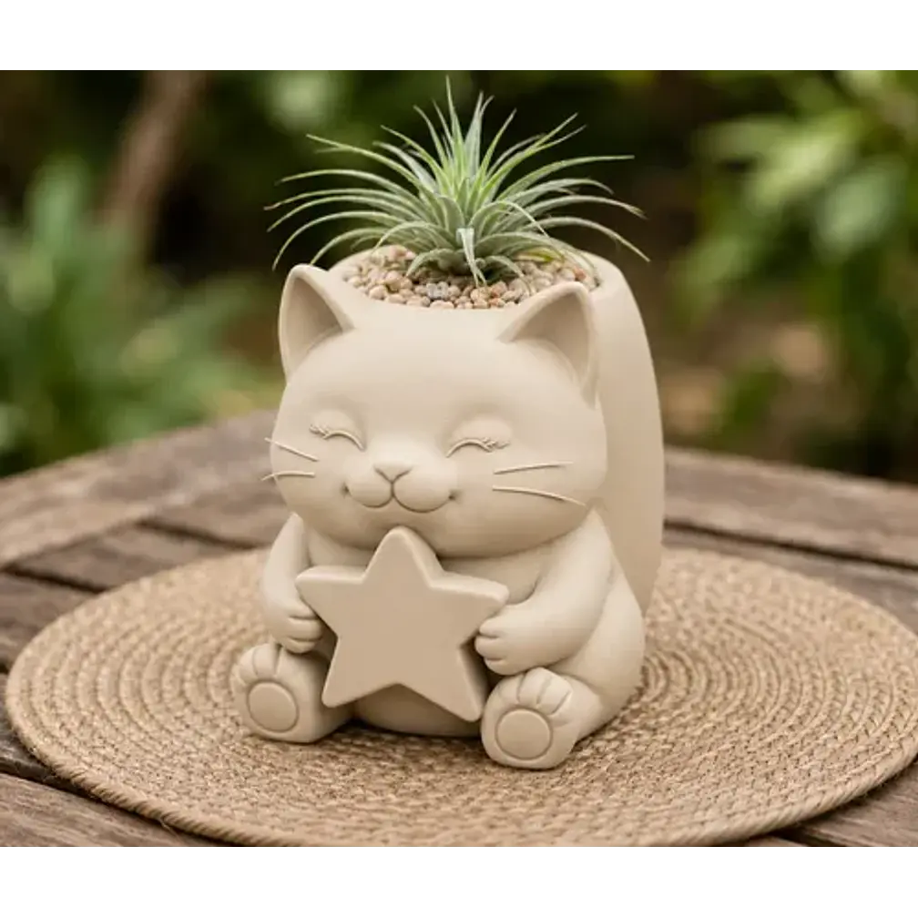 Macetero Decorativo Hogar- Gatito Estrella 15 Cm 6