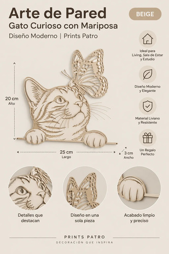 Decoración Elegante Prints Patro - Gato Curioso Con Mariposa - Foto 4