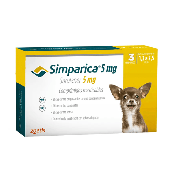 SIMPARICA 5 MG 1.3 A 2.5 KG 3 COMPRIMIDOS