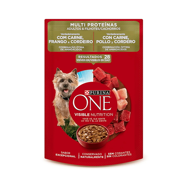 purina one pouch Multi proteínas para perro con carne, pollo y cordero