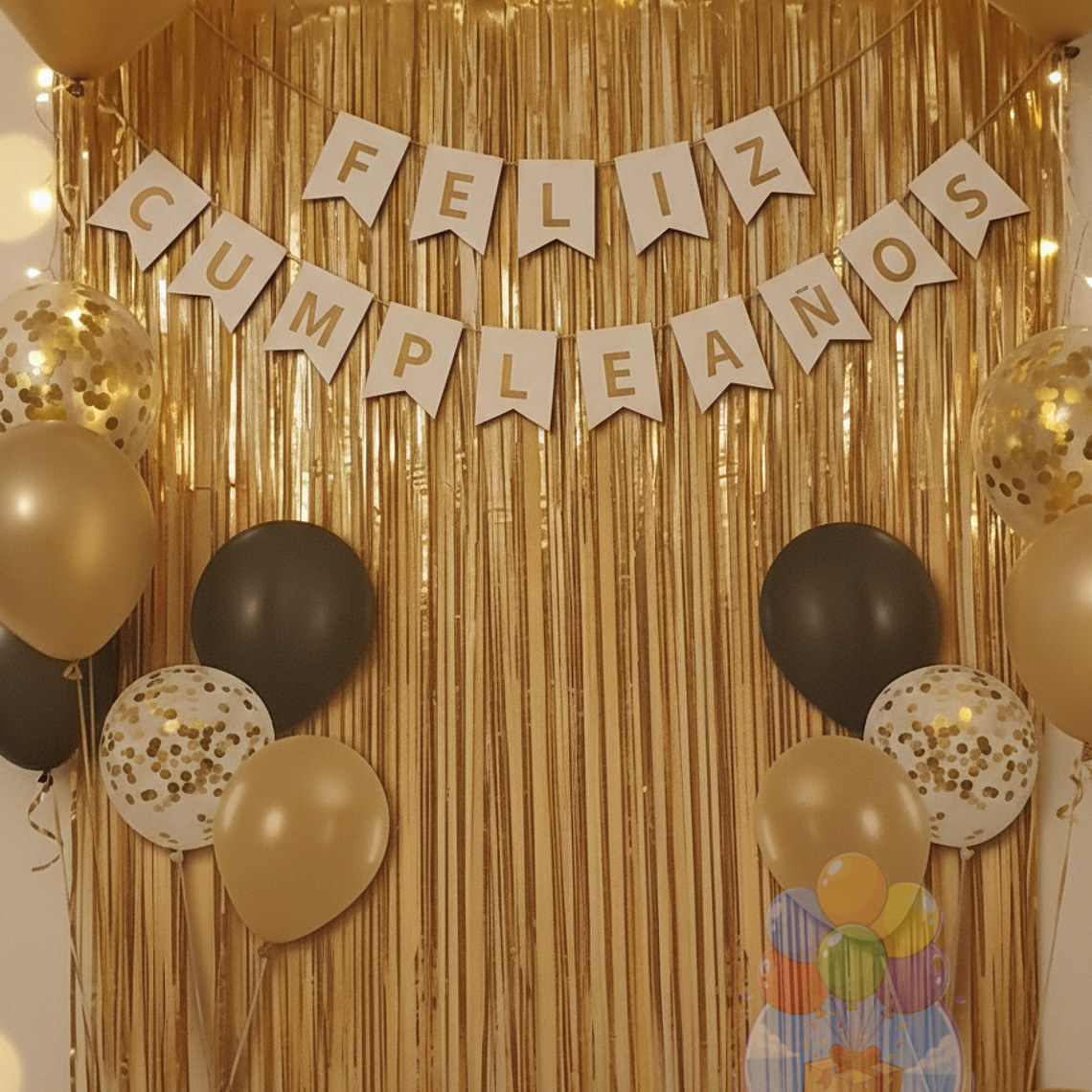 Set Cumpleaños Gold (9 Pcs) Cortina + Banderín + Globos 1