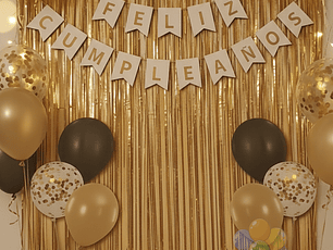 Set Cumpleaños Gold (9 Pcs) Cortina + Banderín + Globos