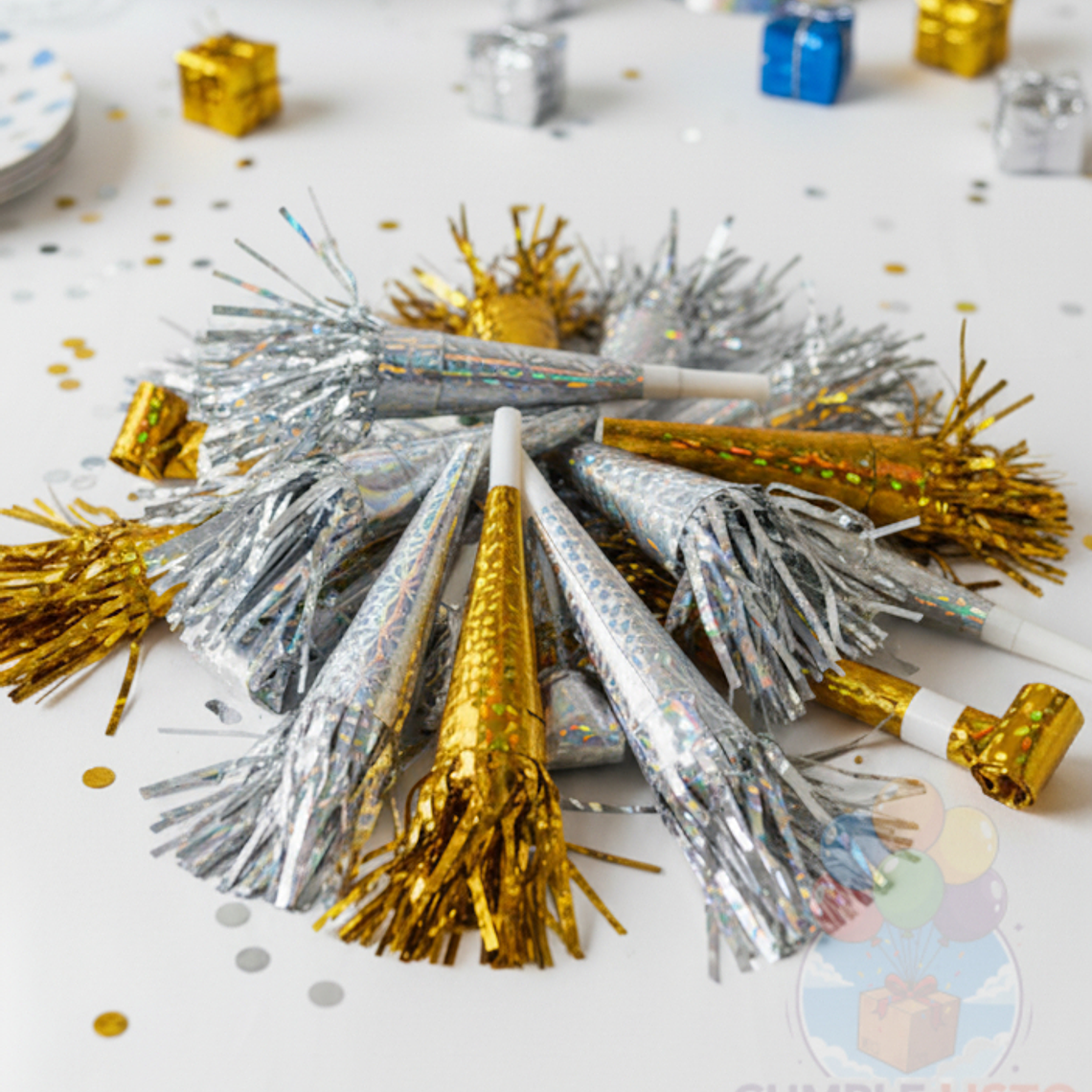 6 Cornetas Holográficas con Flecos Dorado o Plateado 1