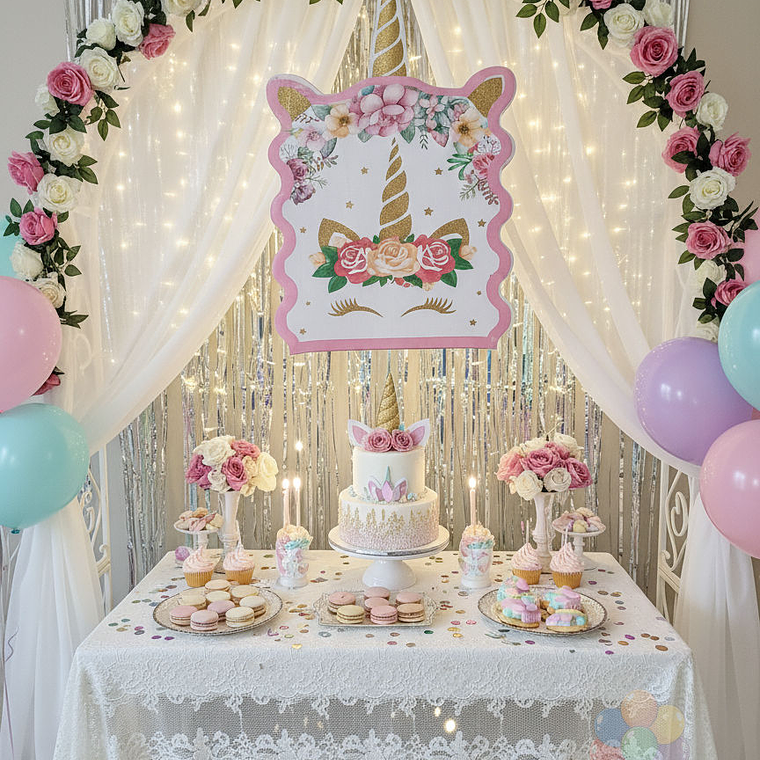 Piñata Plana Unicornio Diseño Floral y Dorado 1