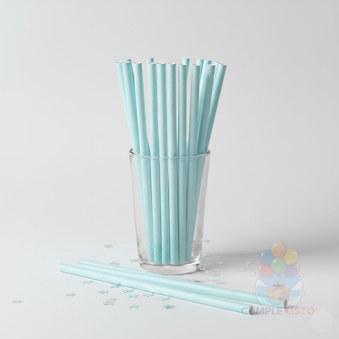 24 Bombillas Papel Biodegradables Lisas Celestes 1