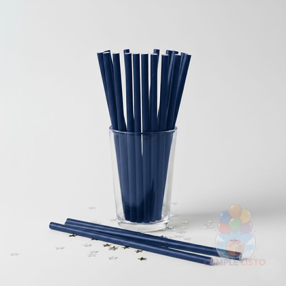 24 Bombillas Papel Biodegradables Lisas Azules 1