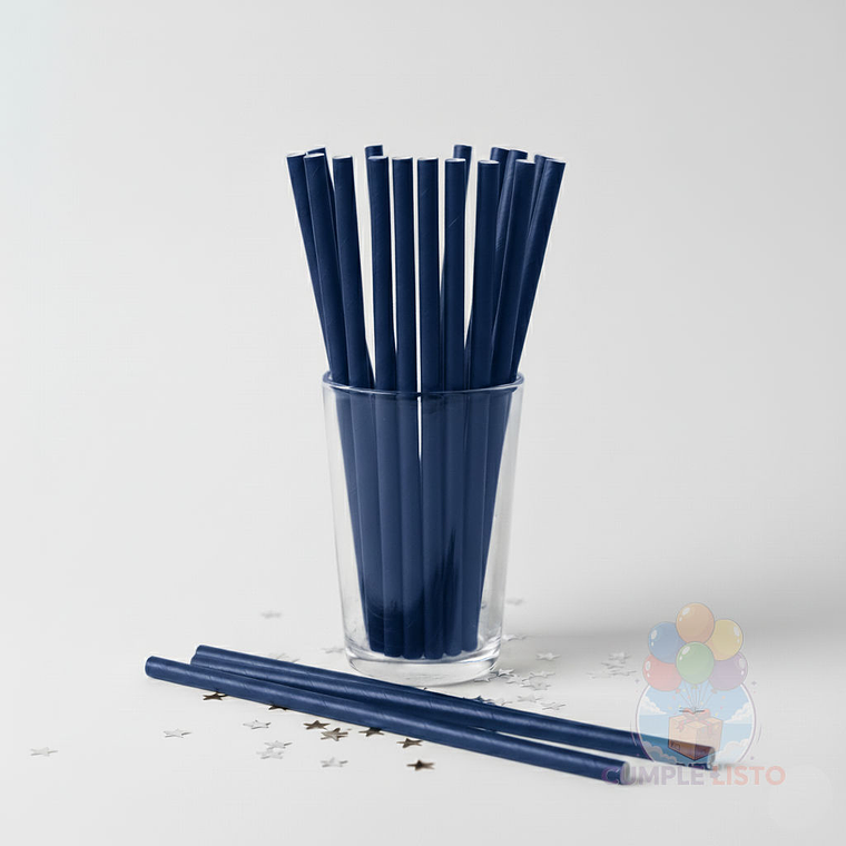 24 Bombillas Papel Biodegradables Lisas Azules 1