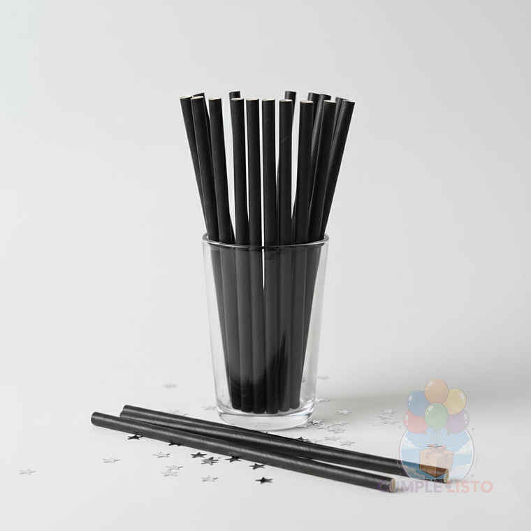 24 Bombillas Papel Biodegradables Lisas Negras 1